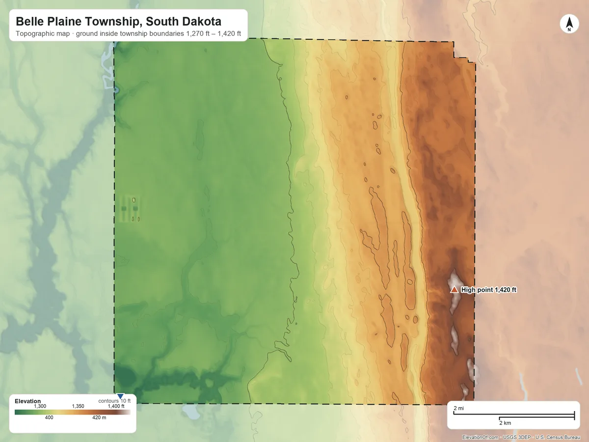 Topographic elevation map of Belle Plaine Township, South Dakota, shaded from 1,270 ft on the southwest side to 1,420 ft on the east side