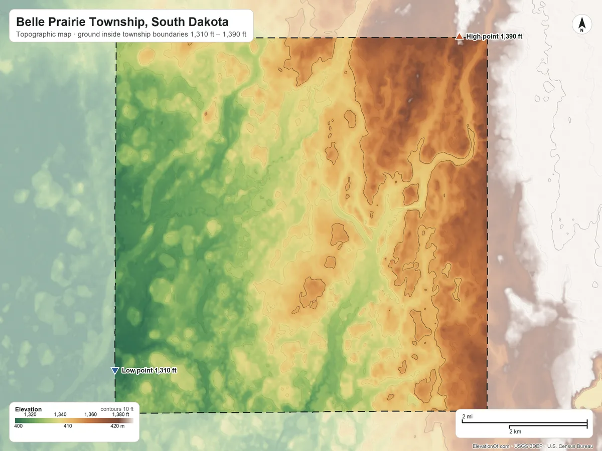 Topographic elevation map of Belle Prairie Township, South Dakota, shaded from 1,310 ft on the southwest side to 1,390 ft on the northeast side