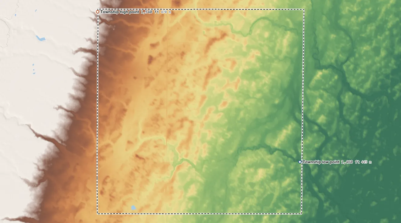Topographic elevation map of Belle Township, South Dakota, shaded from 1,460 ft on the southeast side to 1,540 ft on the west side
