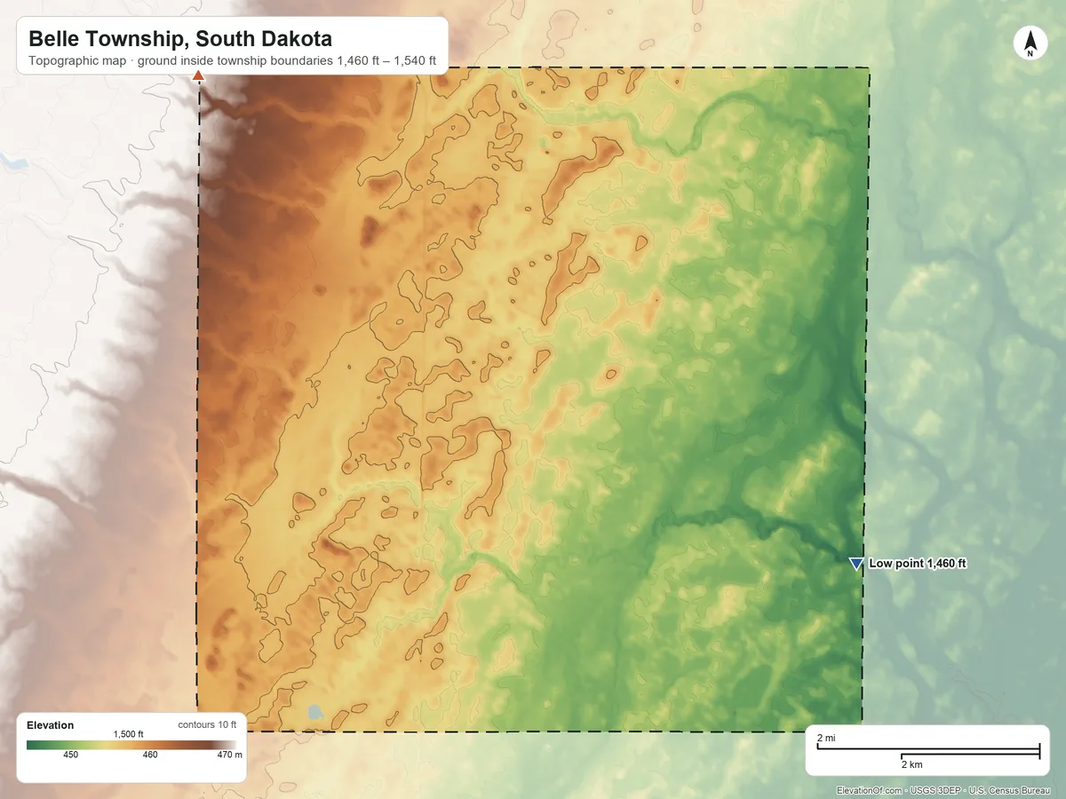 Topographic elevation map of Belle Township, South Dakota, shaded from 1,460 ft on the southeast side to 1,540 ft on the west side