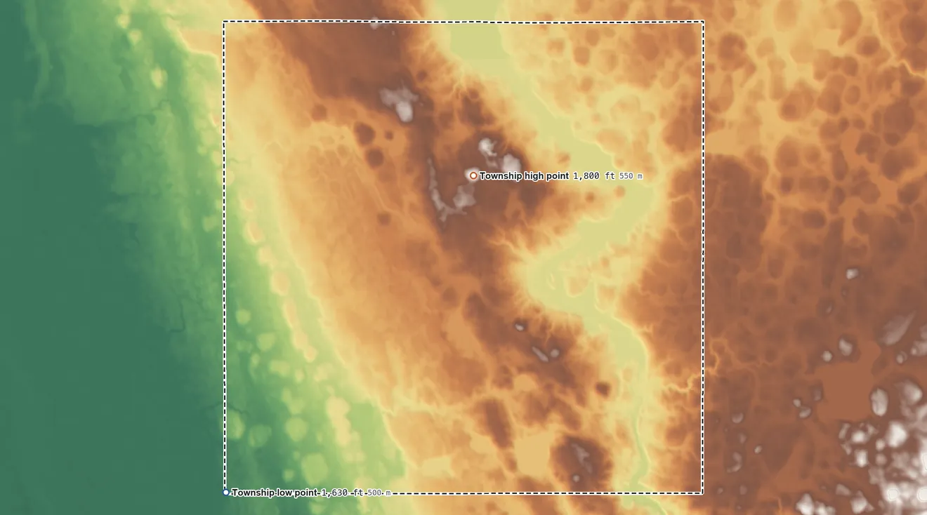 Topographic elevation map of Belleview Township, South Dakota, shaded from 1,630 ft on the southwest side to 1,800 ft on the north side