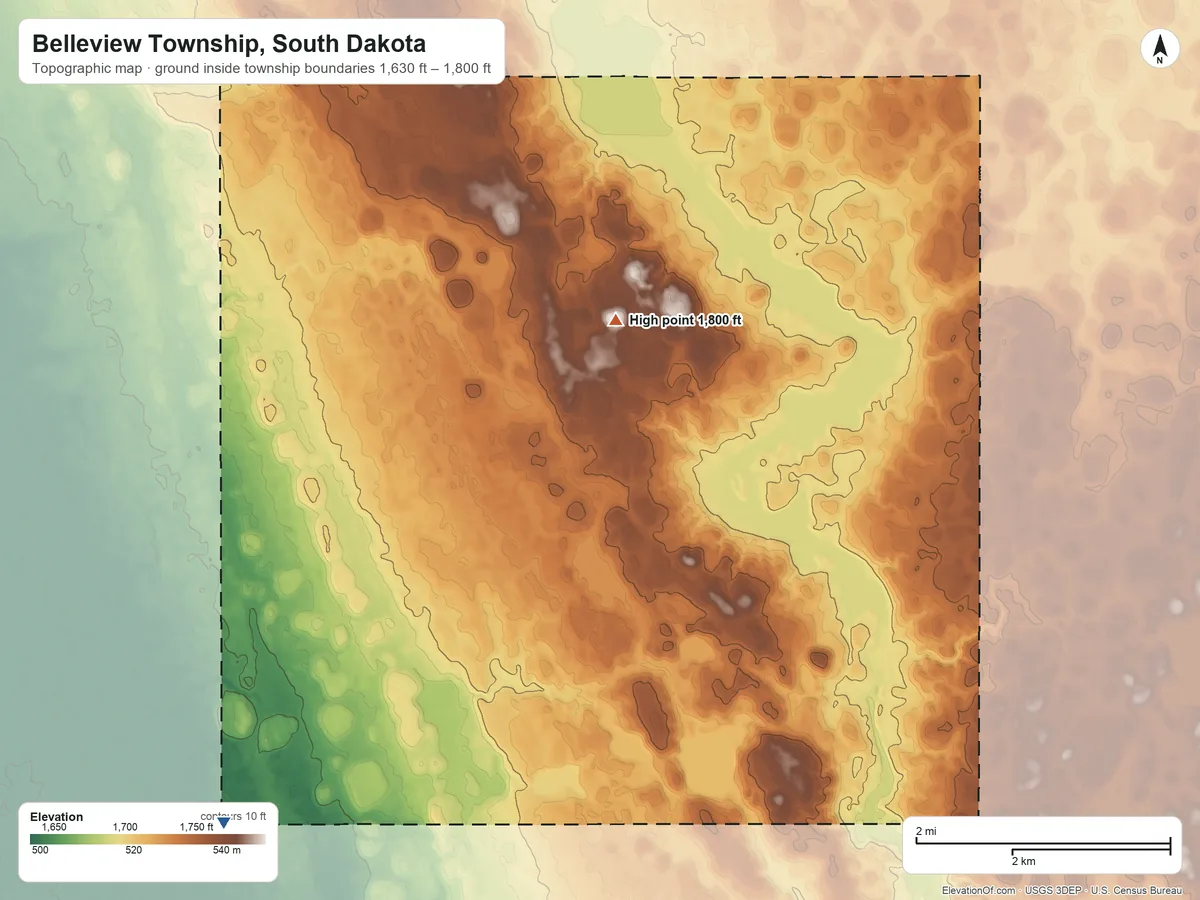Topographic elevation map of Belleview Township, South Dakota, shaded from 1,630 ft on the southwest side to 1,800 ft on the north side