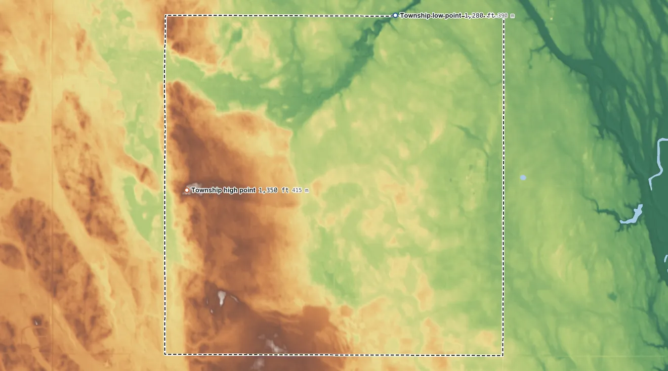 Topographic elevation map of Belmont Township, Spink County, South Dakota, shaded from 1,280 ft on the northeast side to 1,350 ft on the southwest side
