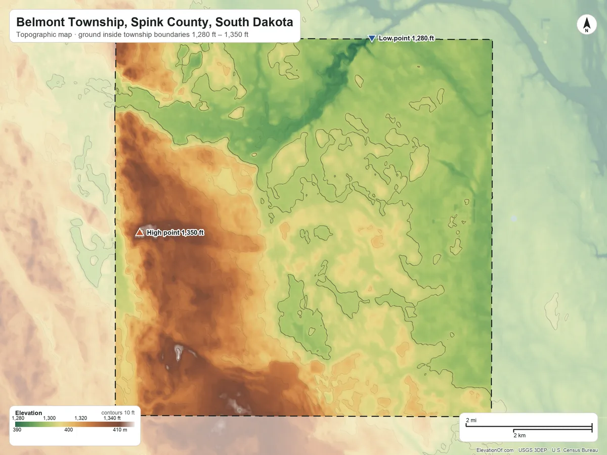 Topographic elevation map of Belmont Township, Spink County, South Dakota, shaded from 1,280 ft on the northeast side to 1,350 ft on the southwest side
