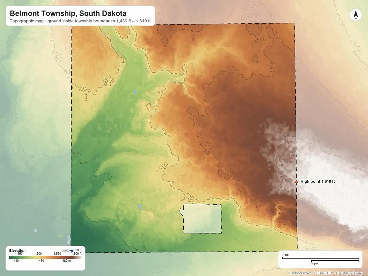 Topographic elevation map of Belmont Township, South Dakota, shaded from 1,430 ft on the southwest side to 1,610 ft on the east side