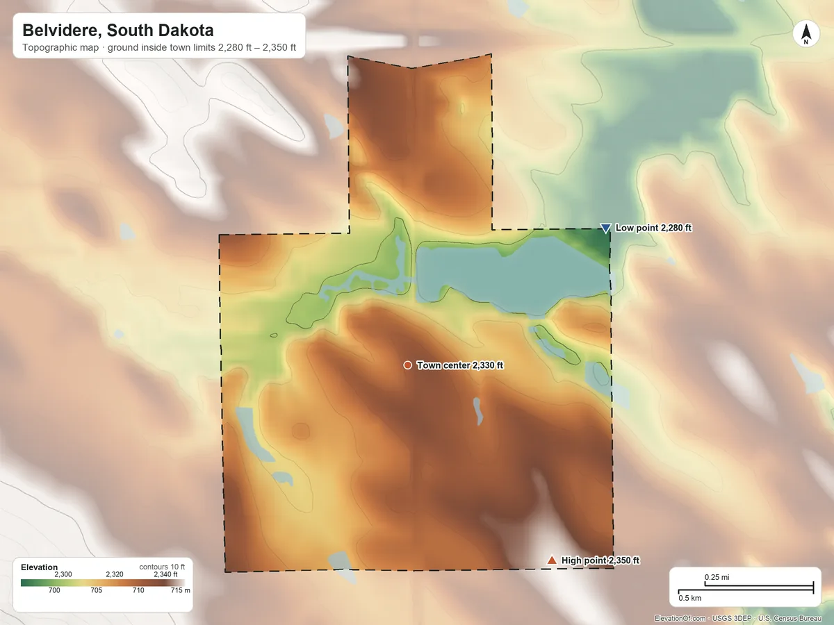 Topographic elevation map of Belvidere, South Dakota, shaded from 2,280 ft on the northeast side to 2,350 ft on the southeast side