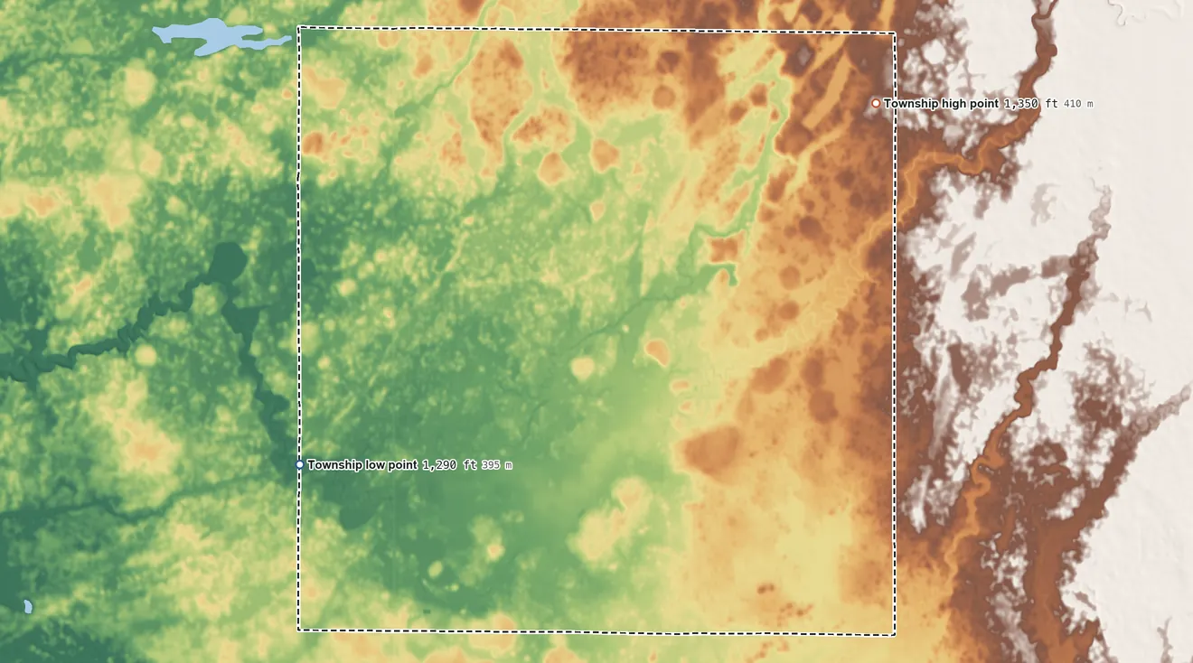 Topographic elevation map of Benedict Township, South Dakota, shaded from 1,290 ft on the southwest side to 1,350 ft on the east side
