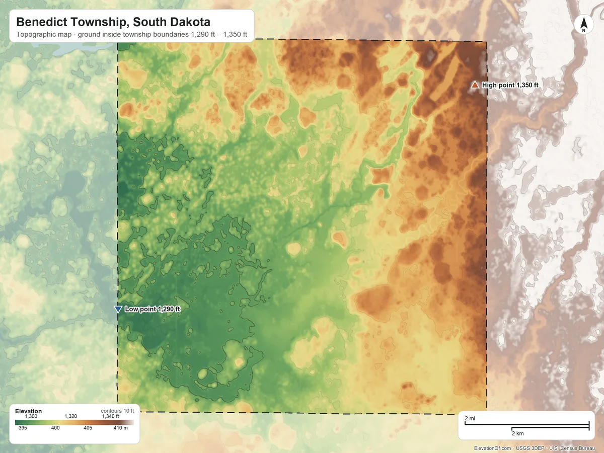Topographic elevation map of Benedict Township, South Dakota, shaded from 1,290 ft on the southwest side to 1,350 ft on the east side