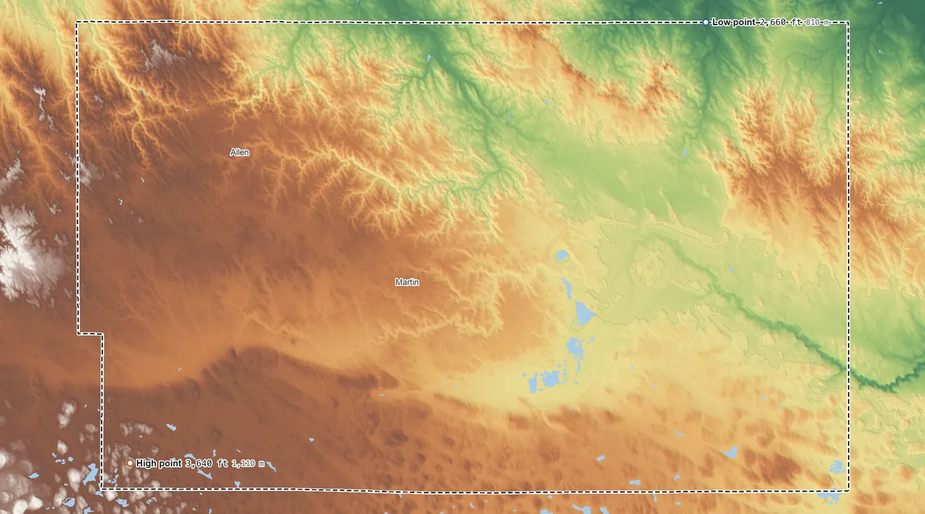 Topographic elevation map of Bennett County, South Dakota, shaded from 2,660 ft on the northeast side to 3,640 ft on the southwest side