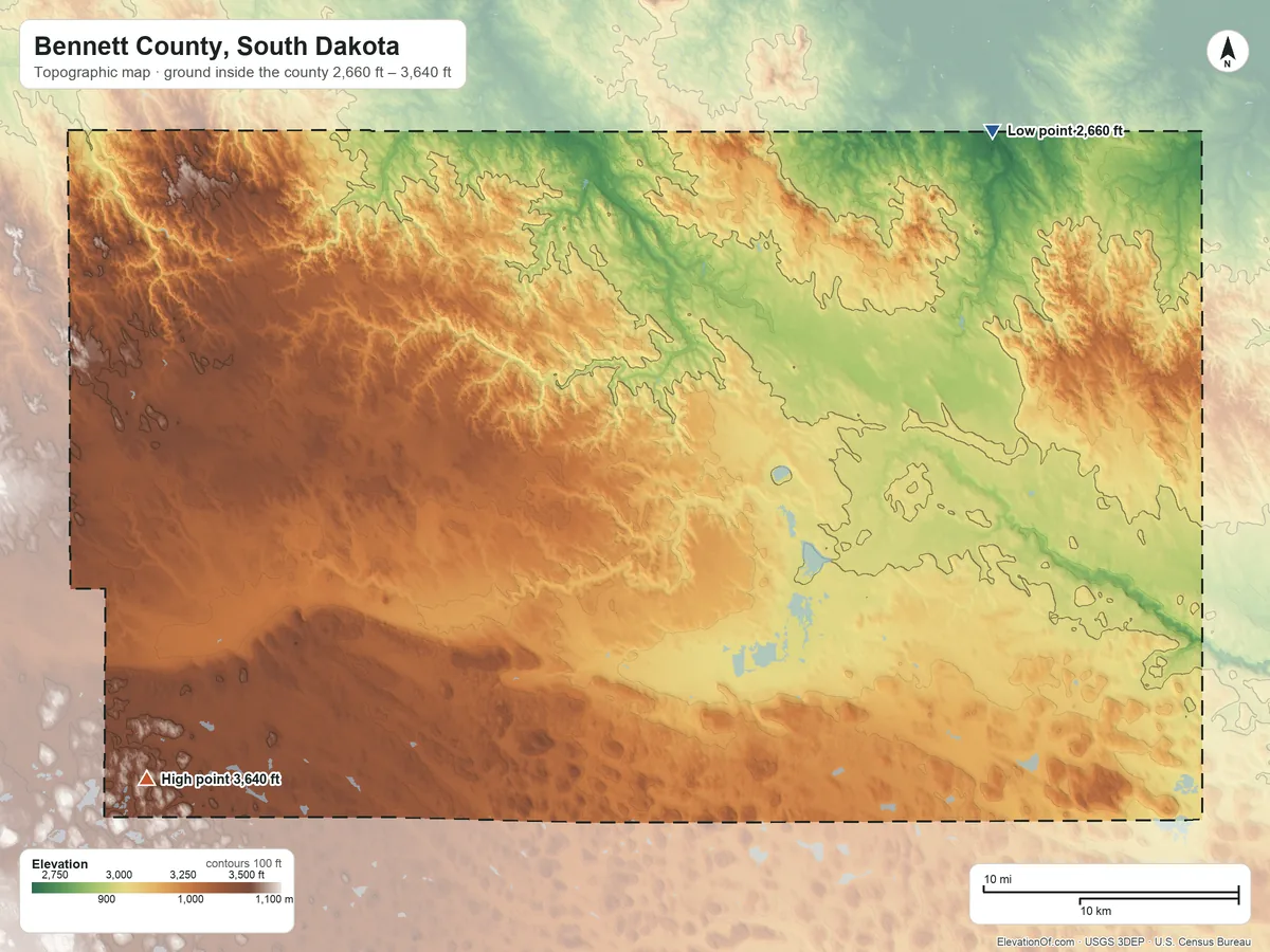 Topographic elevation map of Bennett County, South Dakota, shaded from 2,660 ft on the northeast side to 3,640 ft on the southwest side