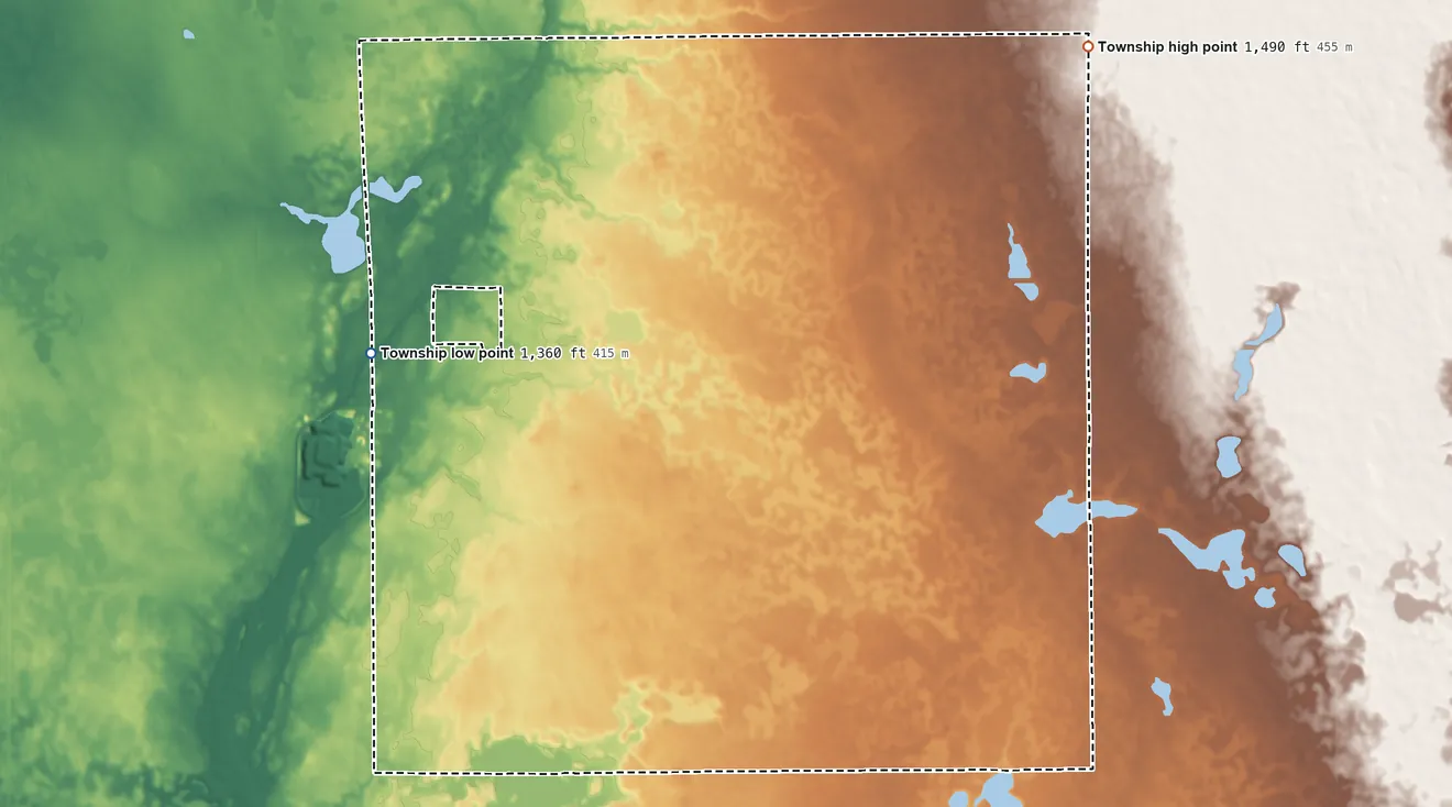 Topographic elevation map of Benton Township, McCook County, South Dakota, shaded from 1,360 ft on the west side to 1,490 ft on the northeast side