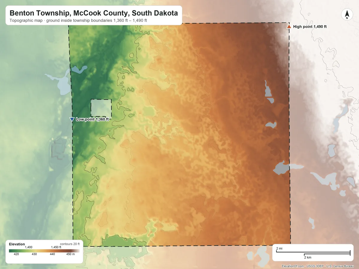 Topographic elevation map of Benton Township, McCook County, South Dakota, shaded from 1,360 ft on the west side to 1,490 ft on the northeast side