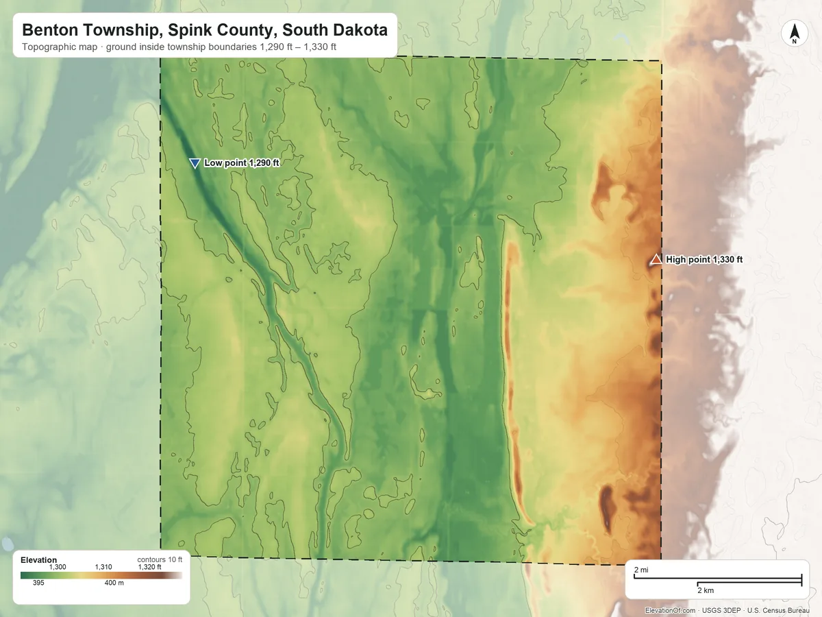 Topographic elevation map of Benton Township, Spink County, South Dakota, shaded from 1,290 ft on the northwest side to 1,330 ft on the northeast side