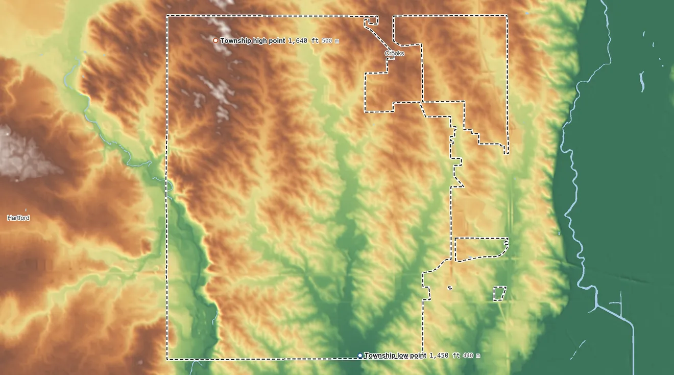 Topographic elevation map of Benton Township, South Dakota, shaded from 1,450 ft on the south side to 1,640 ft on the northwest side