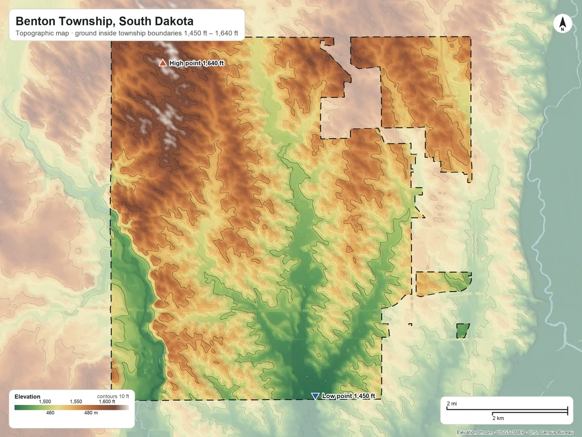 Topographic elevation map of Benton Township, South Dakota, shaded from 1,450 ft on the south side to 1,640 ft on the northwest side