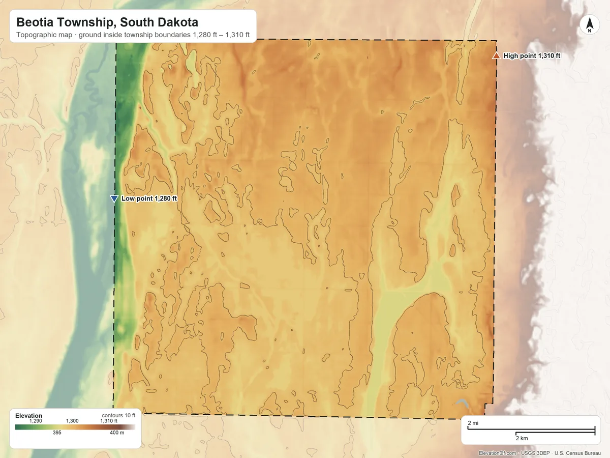 Topographic elevation map of Beotia Township, South Dakota, shaded from 1,280 ft on the west side to 1,310 ft on the northeast side