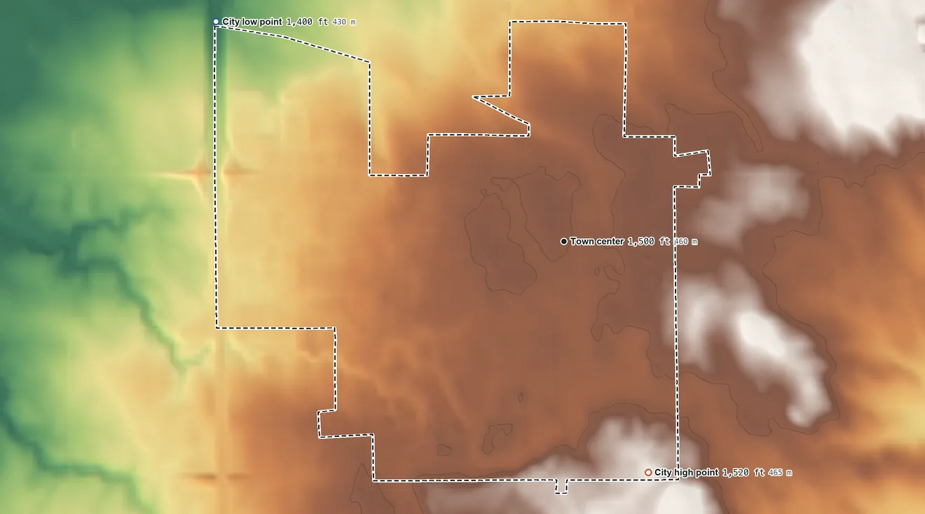Topographic elevation map of Beresford, South Dakota, shaded from 1,400 ft on the northwest side to 1,520 ft on the south side