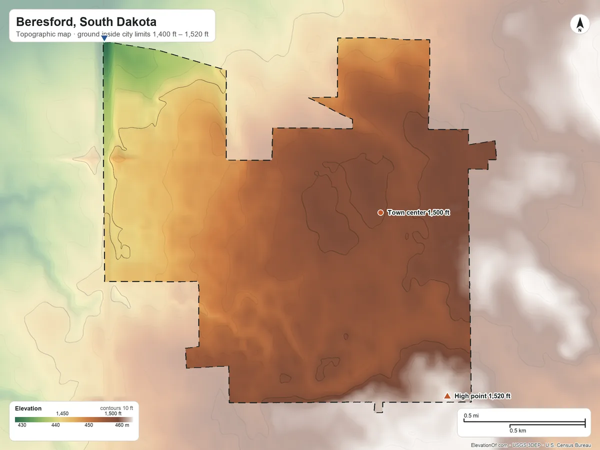 Topographic elevation map of Beresford, South Dakota, shaded from 1,400 ft on the northwest side to 1,520 ft on the south side