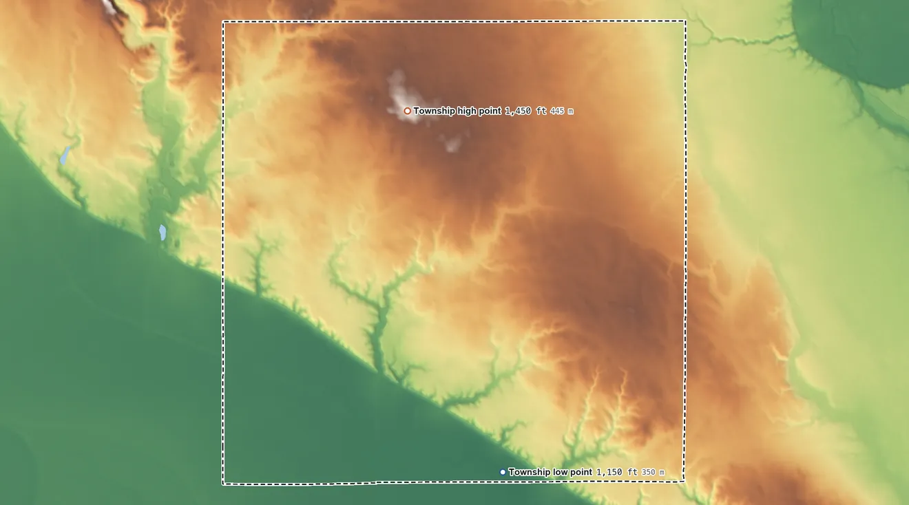 Topographic elevation map of Bethel Township, South Dakota, shaded from 1,150 ft on the south side to 1,450 ft on the northwest side