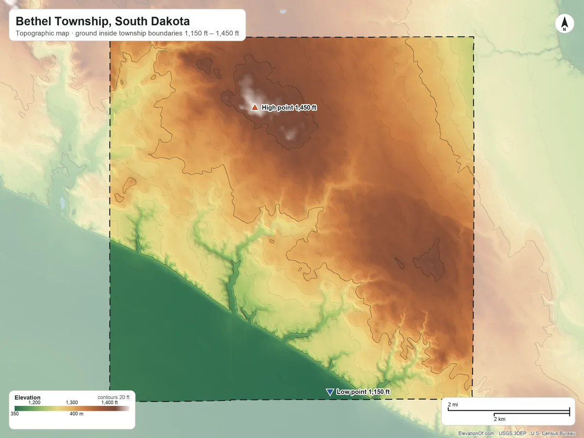 Topographic elevation map of Bethel Township, South Dakota, shaded from 1,150 ft on the south side to 1,450 ft on the northwest side