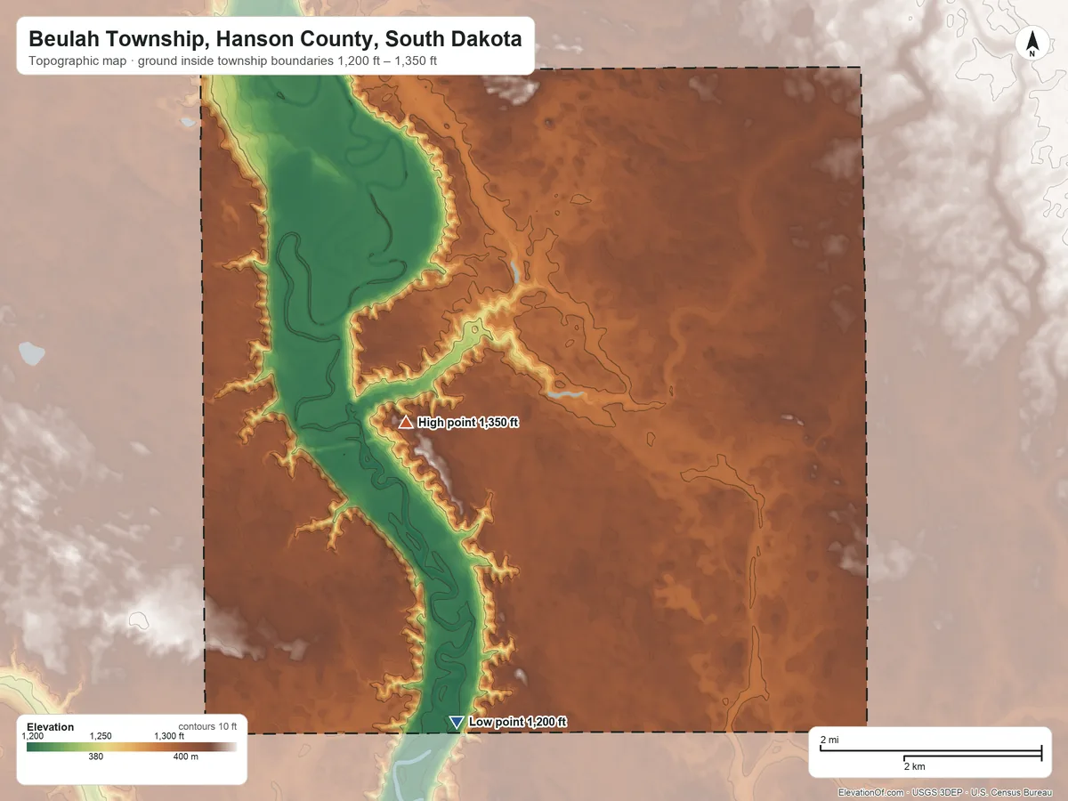 Topographic elevation map of Beulah Township, Hanson County, South Dakota, shaded from 1,200 ft on the southwest side to 1,350 ft on the west side