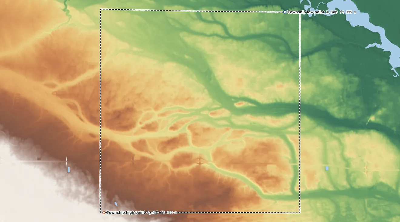 Topographic elevation map of Beulah Township, South Dakota, shaded from 1,300 ft on the northeast side to 1,430 ft on the southwest side