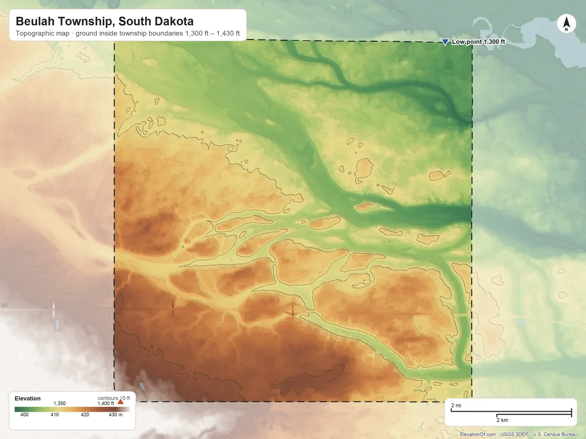 Topographic elevation map of Beulah Township, South Dakota, shaded from 1,300 ft on the northeast side to 1,430 ft on the southwest side