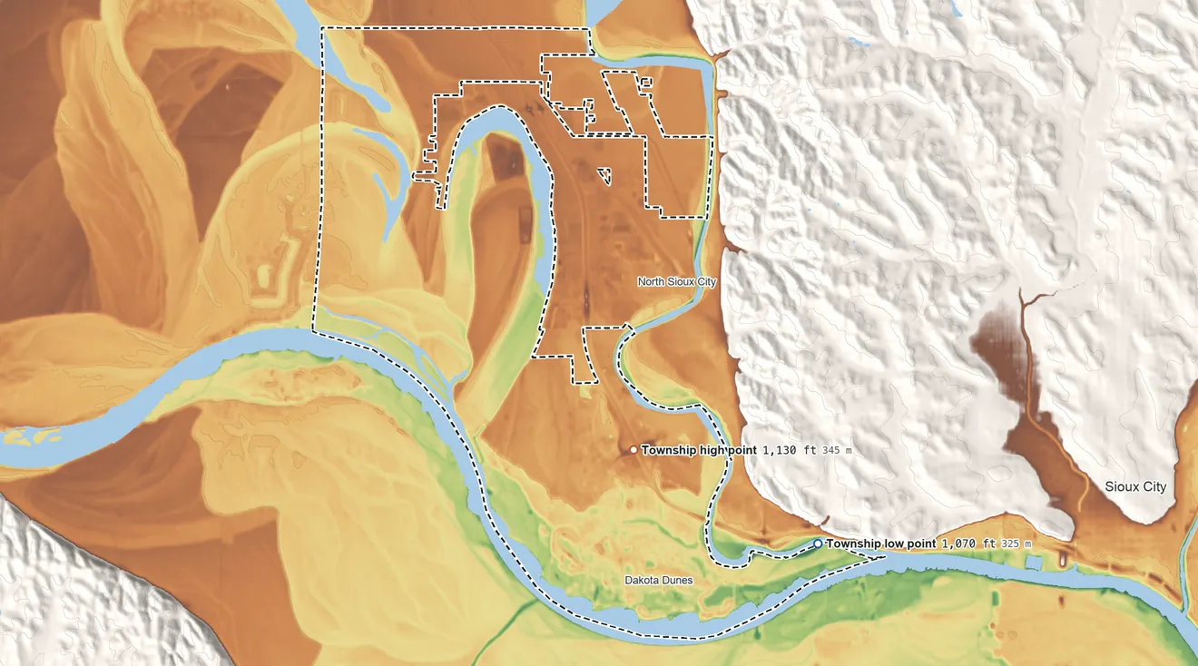 Topographic elevation map of Big Sioux Township, South Dakota, shaded from 1,070 ft on the east side to 1,130 ft near the middle
