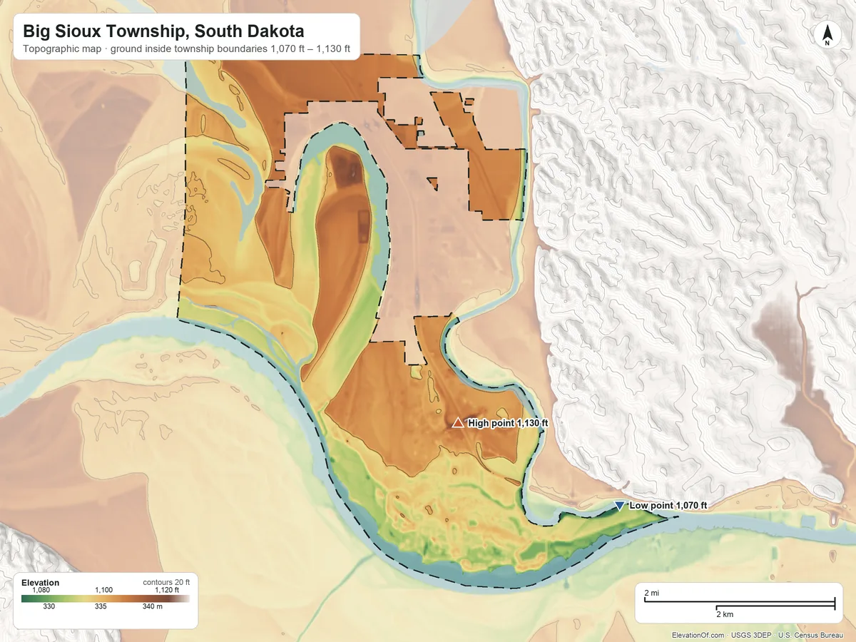 Topographic elevation map of Big Sioux Township, South Dakota, shaded from 1,070 ft on the east side to 1,130 ft near the middle