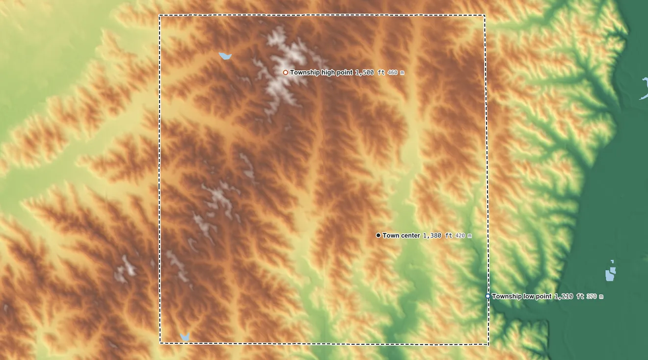 Topographic elevation map of Big Springs Township, South Dakota, shaded from 1,210 ft on the southeast side to 1,500 ft on the northwest side