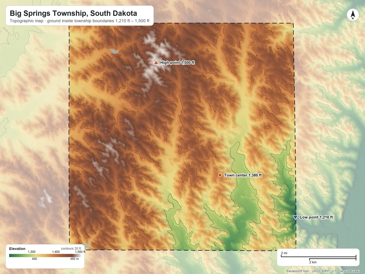 Topographic elevation map of Big Springs Township, South Dakota, shaded from 1,210 ft on the southeast side to 1,500 ft on the northwest side