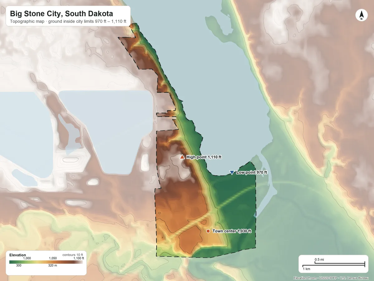 Topographic elevation map of Big Stone City, South Dakota, shaded from 970 ft on the north side to 1,110 ft on the north side