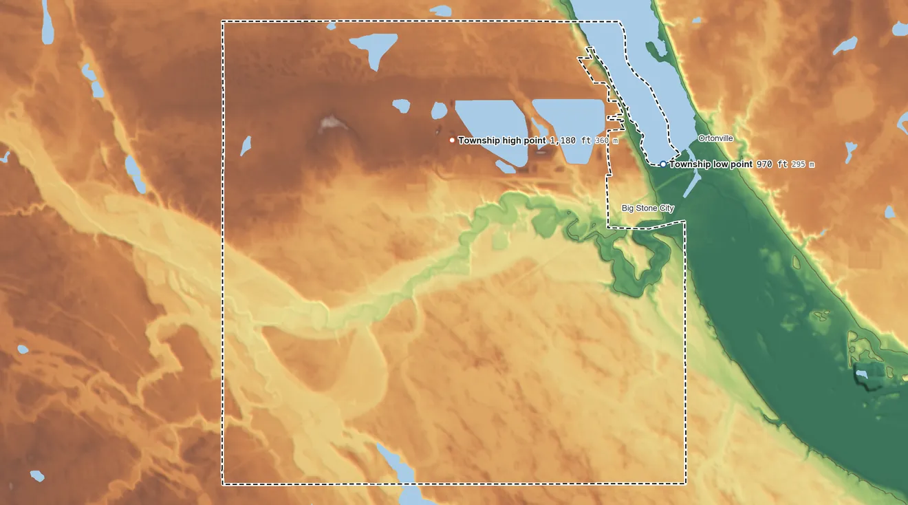 Topographic elevation map of Big Stone Township, South Dakota, shaded from 970 ft on the east side to 1,180 ft on the northeast side