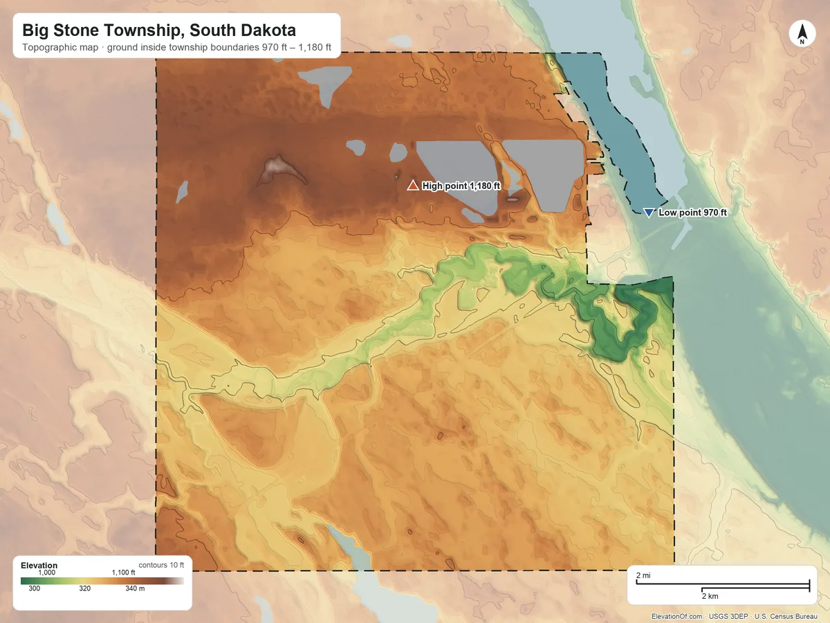 Topographic elevation map of Big Stone Township, South Dakota, shaded from 970 ft on the east side to 1,180 ft on the northeast side
