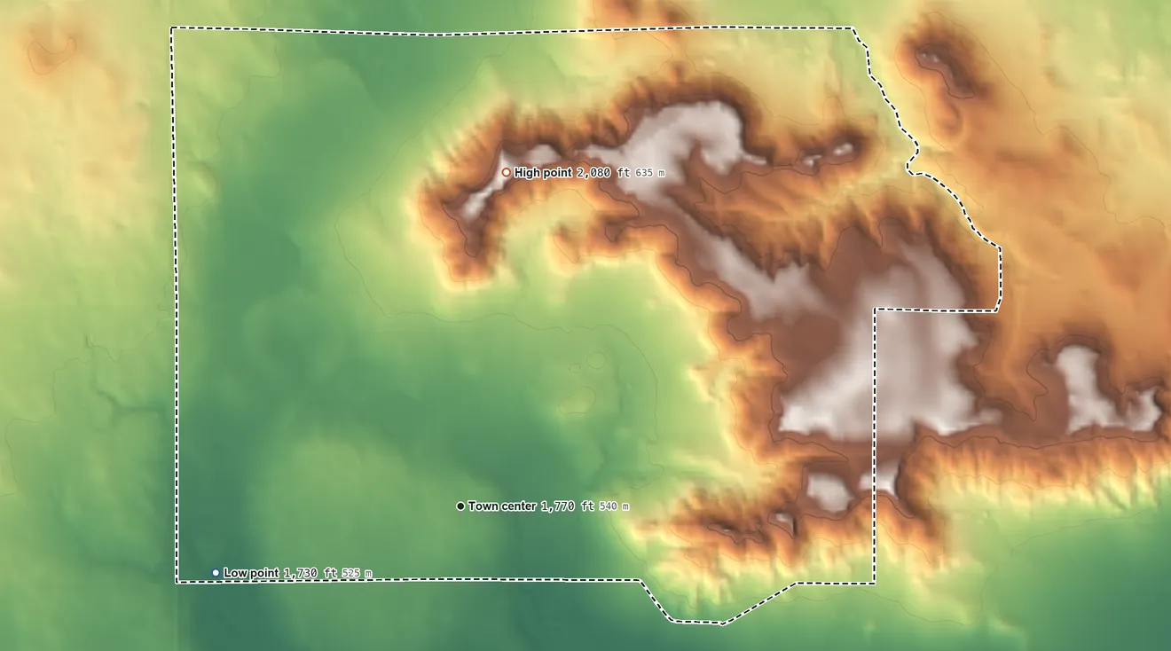 Topographic elevation map of Bijou Hills, South Dakota, shaded from 1,730 ft on the west side to 2,080 ft on the north side