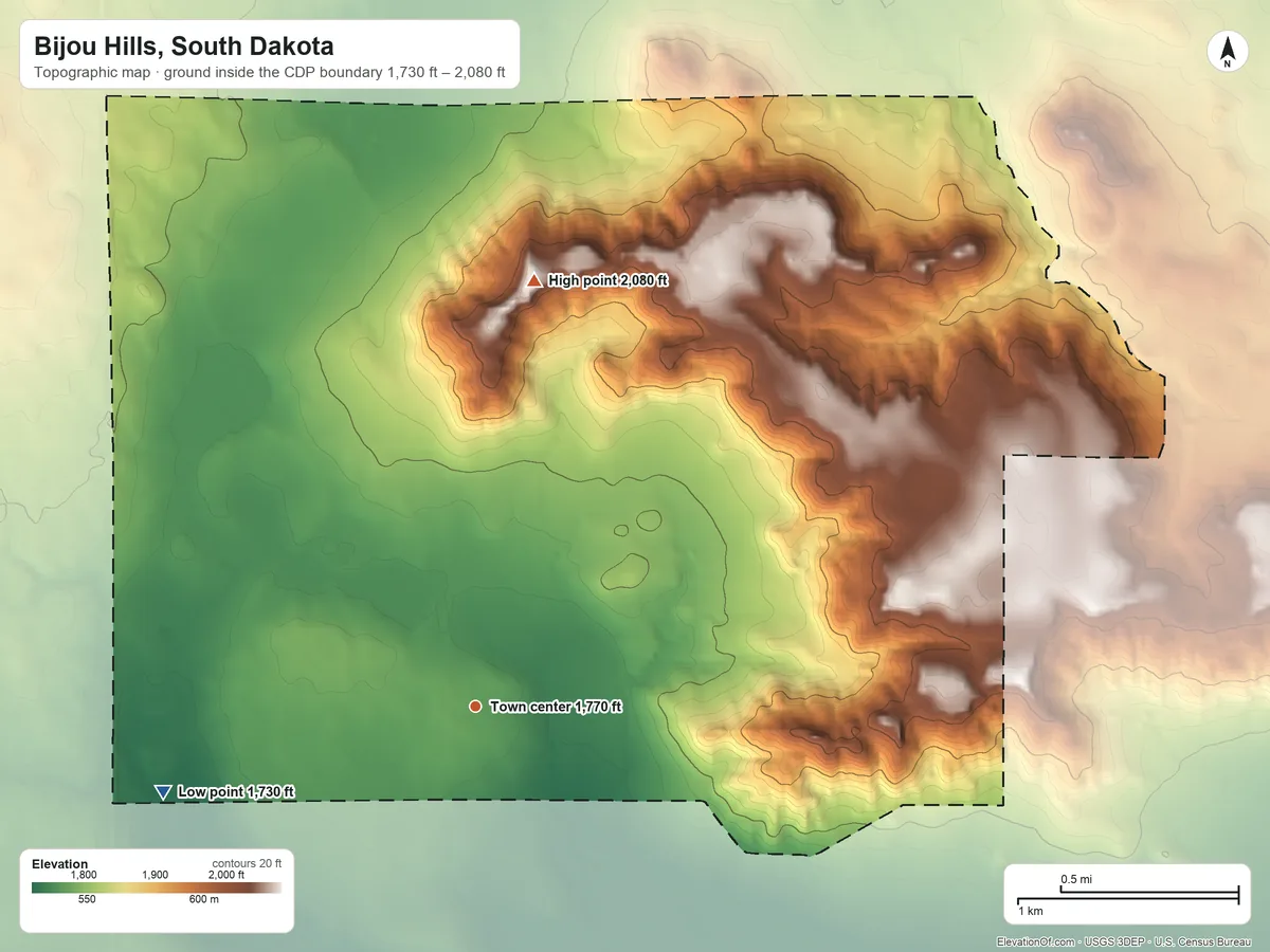 Topographic elevation map of Bijou Hills, South Dakota, shaded from 1,730 ft on the west side to 2,080 ft on the north side