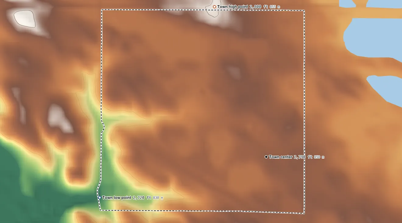 Topographic elevation map of Bison, South Dakota, shaded from 2,720 ft on the west side to 2,800 ft on the north side