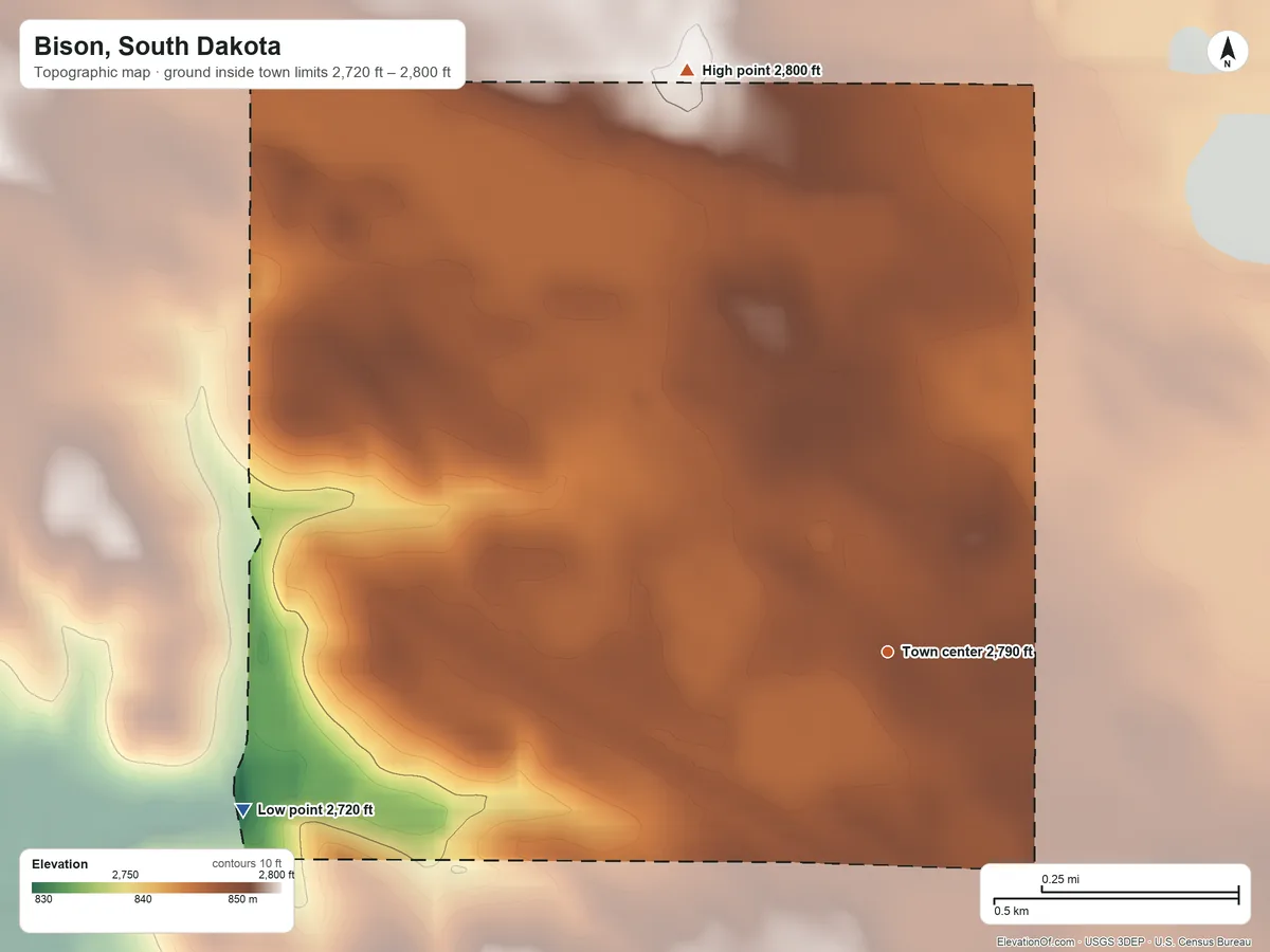 Topographic elevation map of Bison, South Dakota, shaded from 2,720 ft on the west side to 2,800 ft on the north side