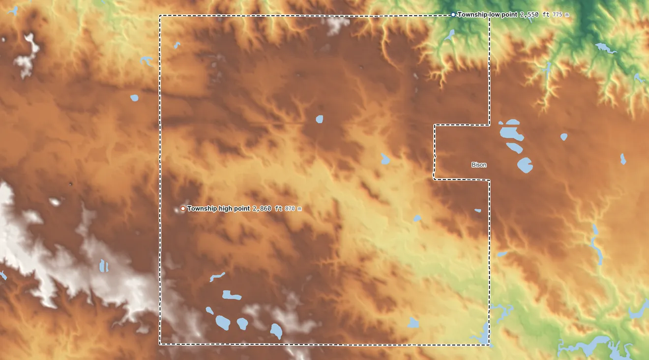 Topographic elevation map of Bison Township, South Dakota, shaded from 2,550 ft on the northeast side to 2,860 ft on the west side
