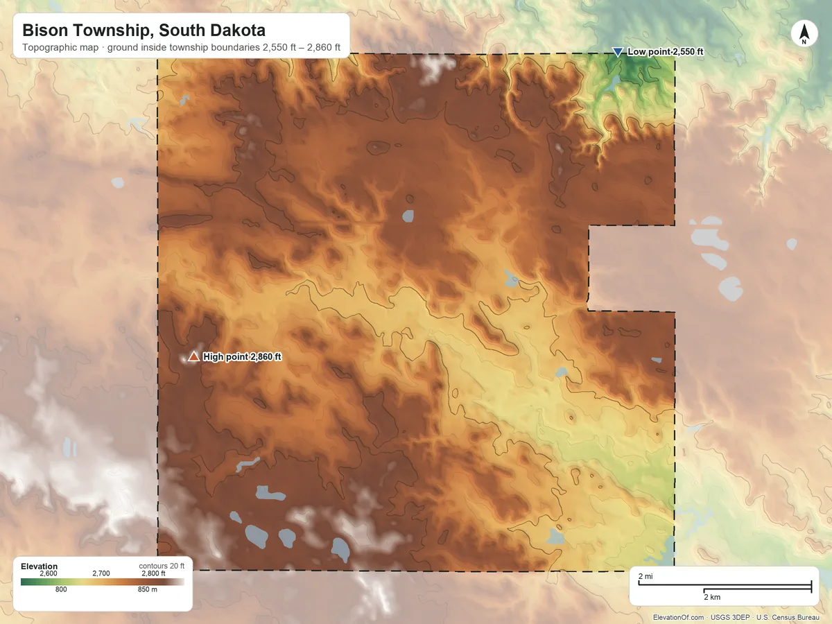 Topographic elevation map of Bison Township, South Dakota, shaded from 2,550 ft on the northeast side to 2,860 ft on the west side