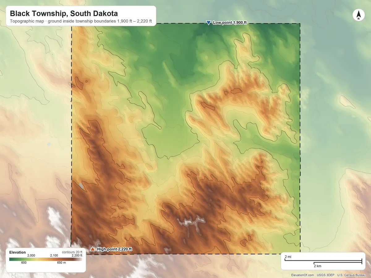 Topographic elevation map of Black Township, South Dakota, shaded from 1,900 ft on the north side to 2,220 ft on the southwest side