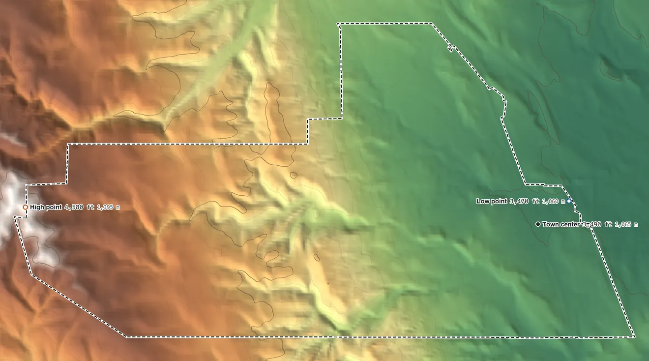 Topographic elevation map of Blackhawk, South Dakota, shaded from 3,470 ft near the middle to 4,580 ft on the west side