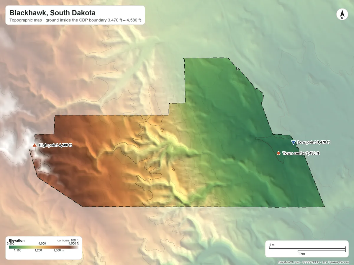 Topographic elevation map of Blackhawk, South Dakota, shaded from 3,470 ft near the middle to 4,580 ft on the west side
