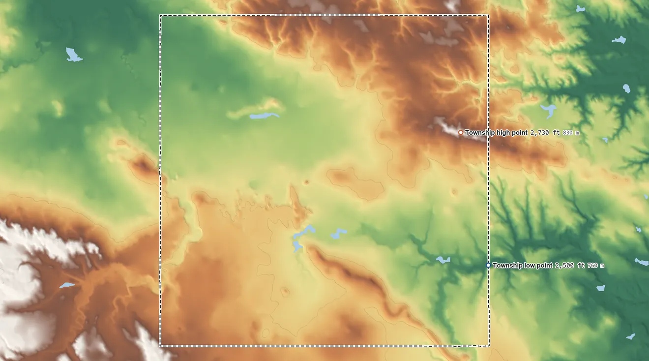 Topographic elevation map of Blackpipe Township, South Dakota, shaded from 2,500 ft on the southeast side to 2,730 ft on the east side