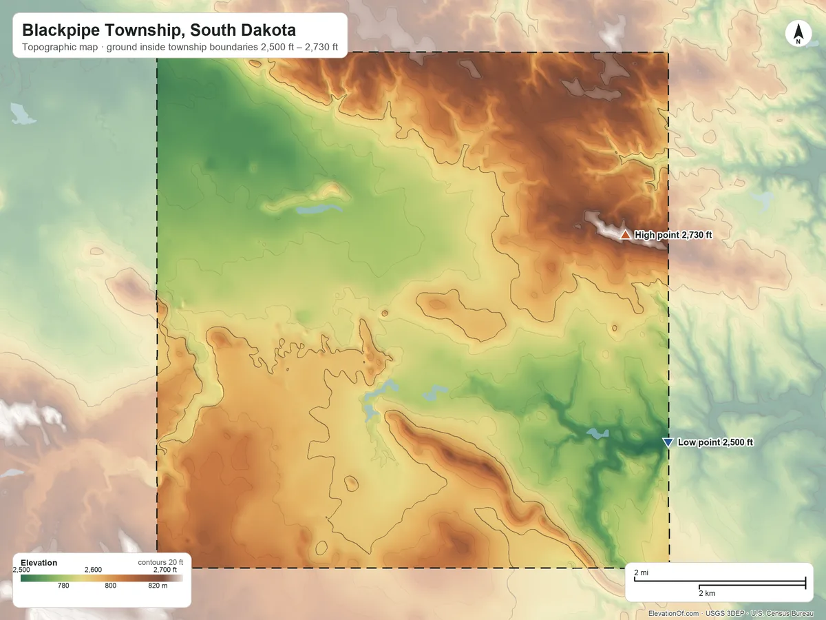 Topographic elevation map of Blackpipe Township, South Dakota, shaded from 2,500 ft on the southeast side to 2,730 ft on the east side