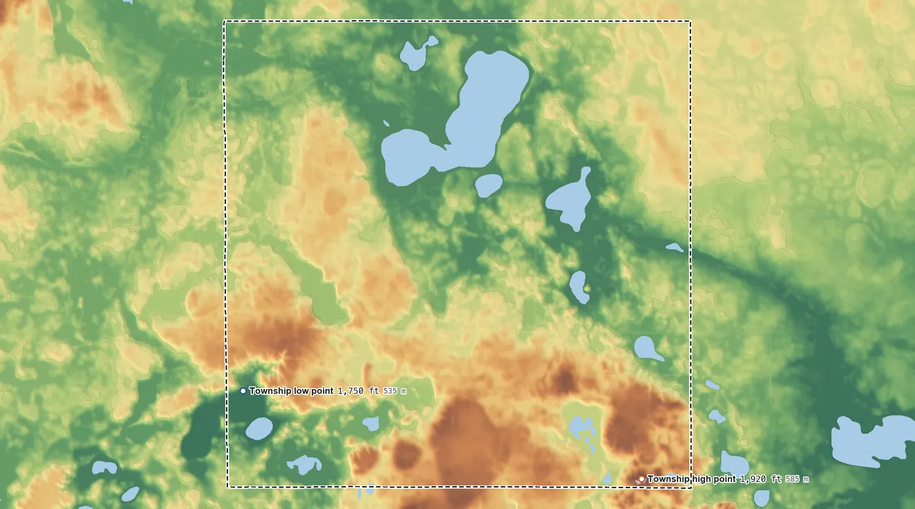 Topographic elevation map of Blaine Township, Clark County, South Dakota, shaded from 1,750 ft on the west side to 1,920 ft on the southeast side
