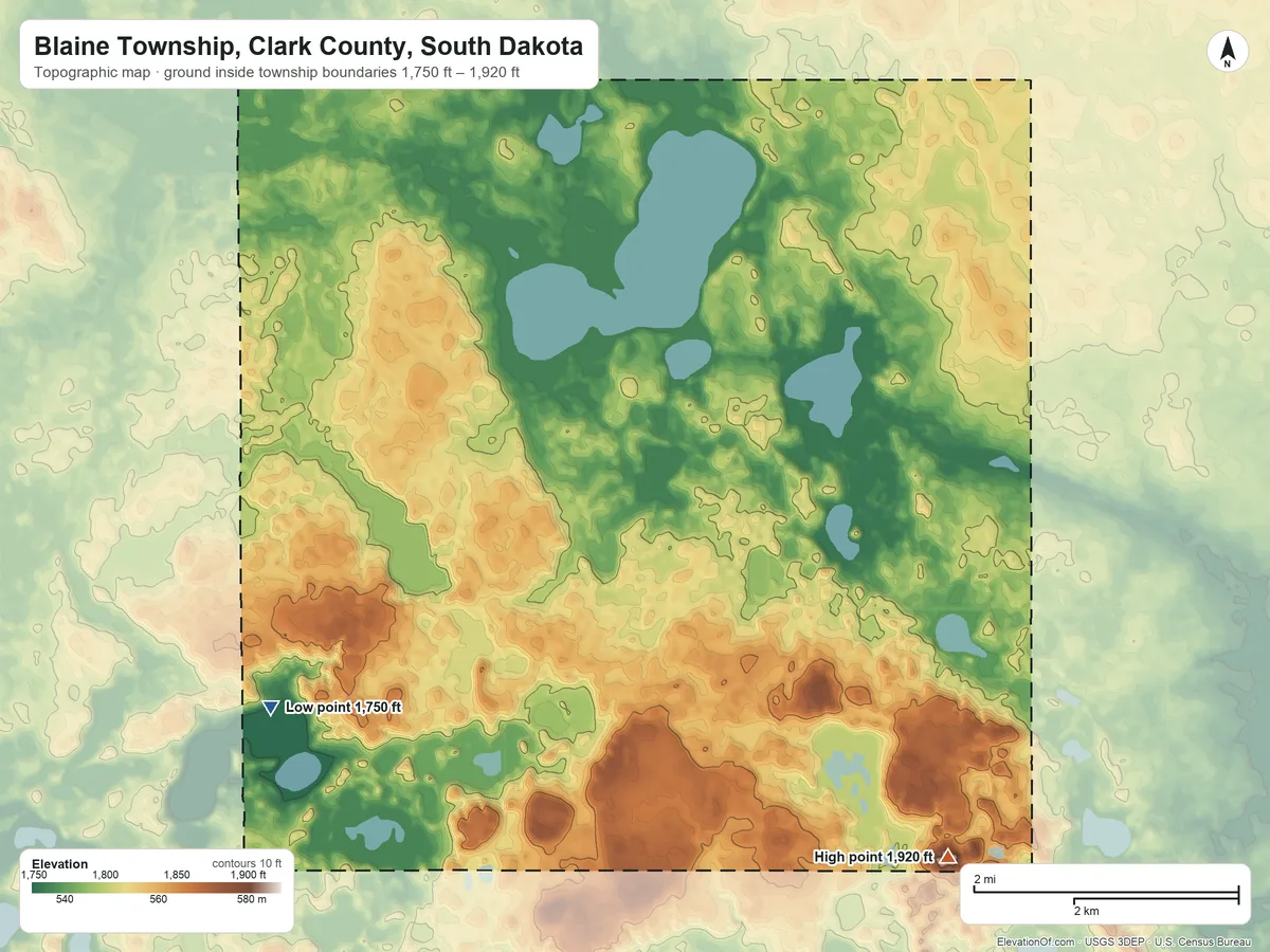 Topographic elevation map of Blaine Township, Clark County, South Dakota, shaded from 1,750 ft on the west side to 1,920 ft on the southeast side