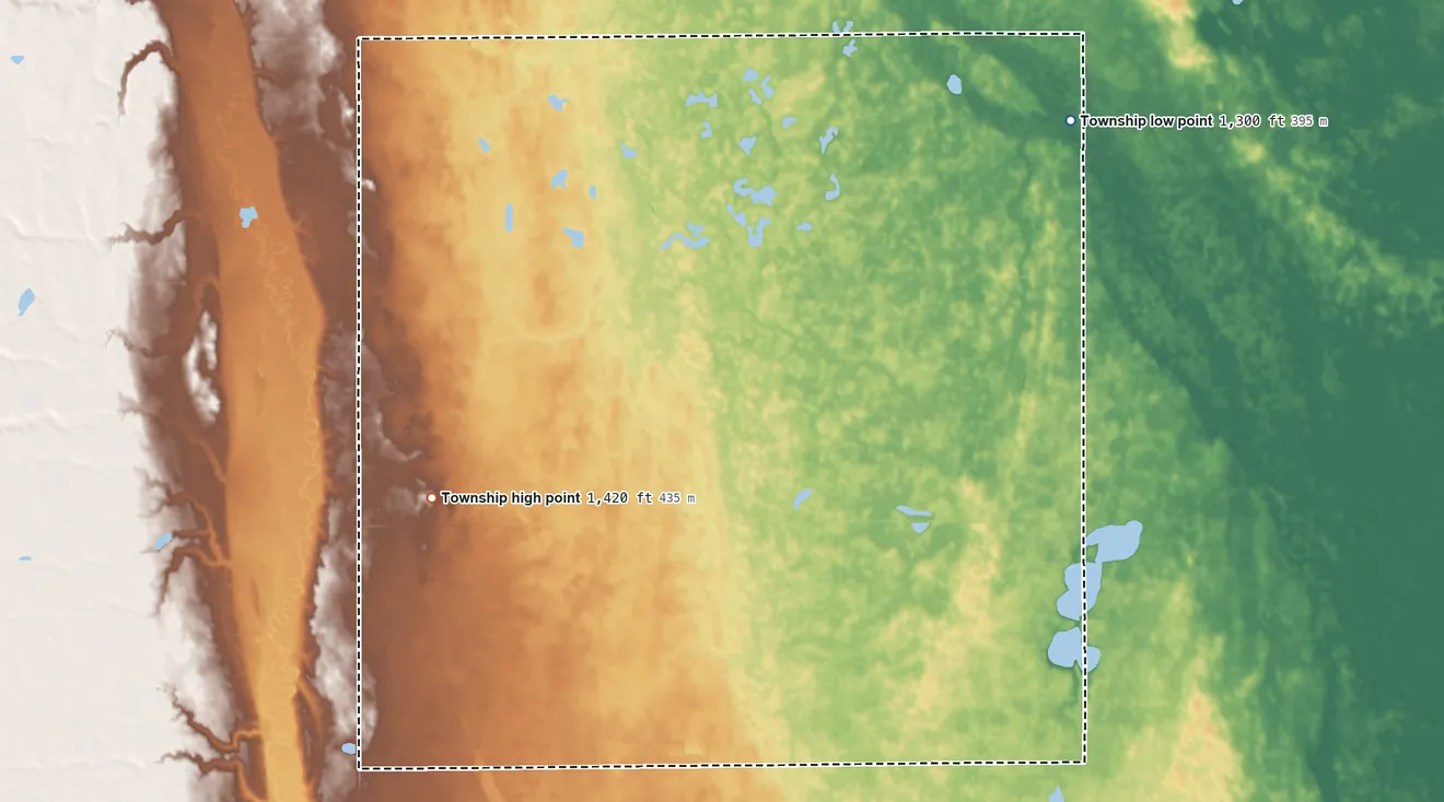 Topographic elevation map of Blaine Township, South Dakota, shaded from 1,300 ft on the northeast side to 1,420 ft on the southwest side