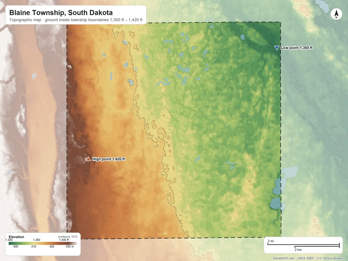 Topographic elevation map of Blaine Township, South Dakota, shaded from 1,300 ft on the northeast side to 1,420 ft on the southwest side