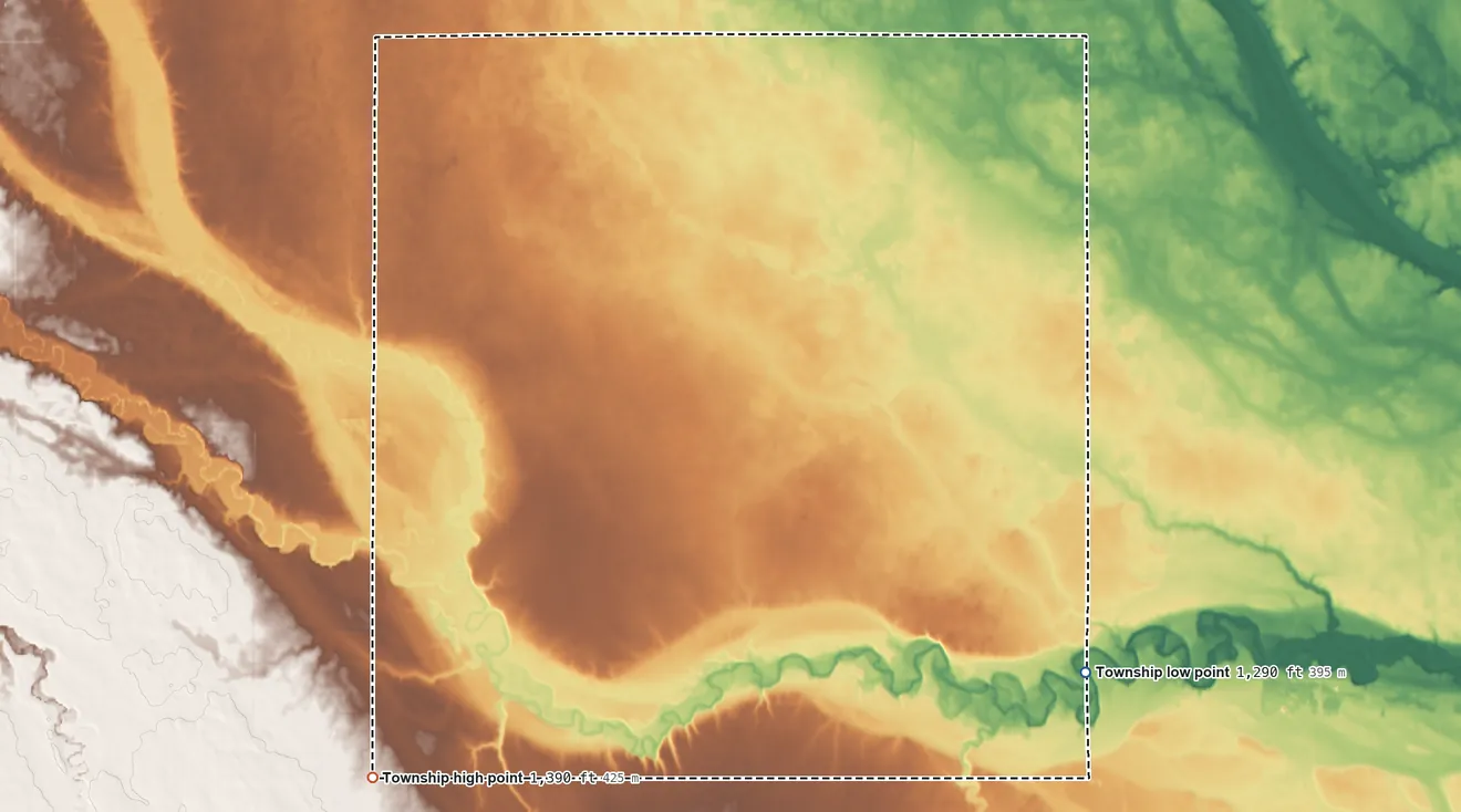 Topographic elevation map of Blendon Township, South Dakota, shaded from 1,290 ft on the southeast side to 1,390 ft on the southwest side